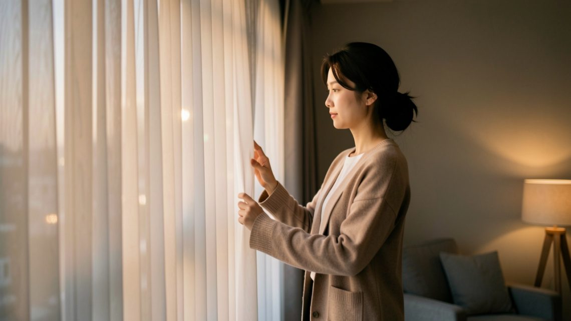 Une actrice coréenne pensive ferme doucement des rideaux dans un intérieur contemporain baigné de lumière chaleureuse.