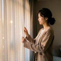 Kim Ji-won : ce que l’on sait vraiment de sa vie privée Une actrice coréenne pensive ferme doucement des rideaux dans un intérieur contemporain baigné de lumière chaleureuse.