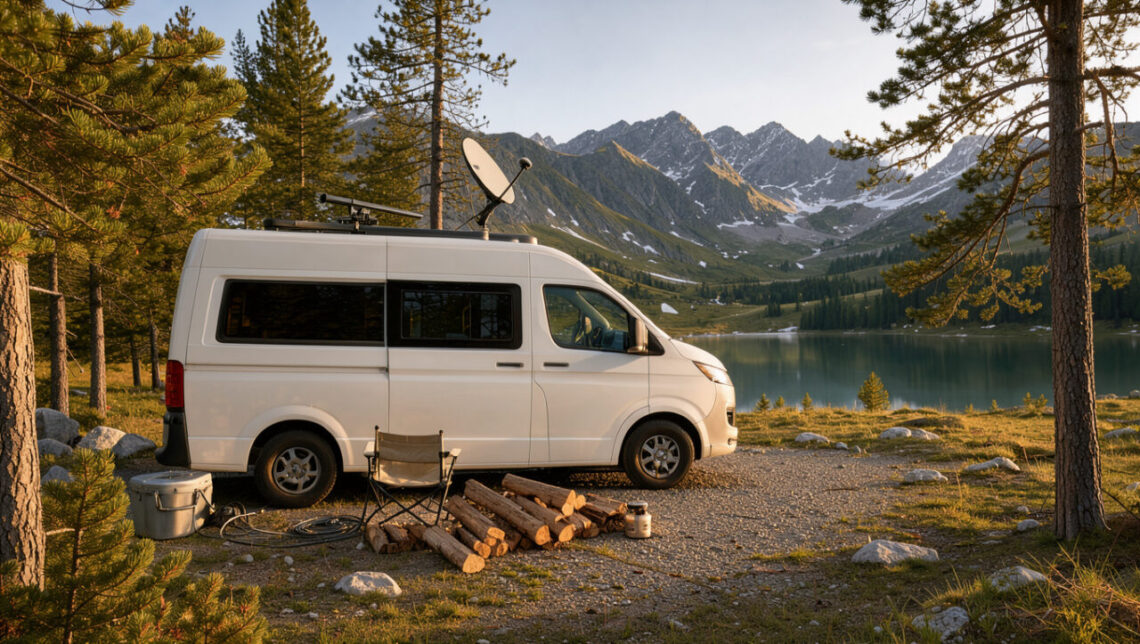 Camping-car blanc équipé d’une antenne de toit et d’une petite parabole dans un paysage alpin.