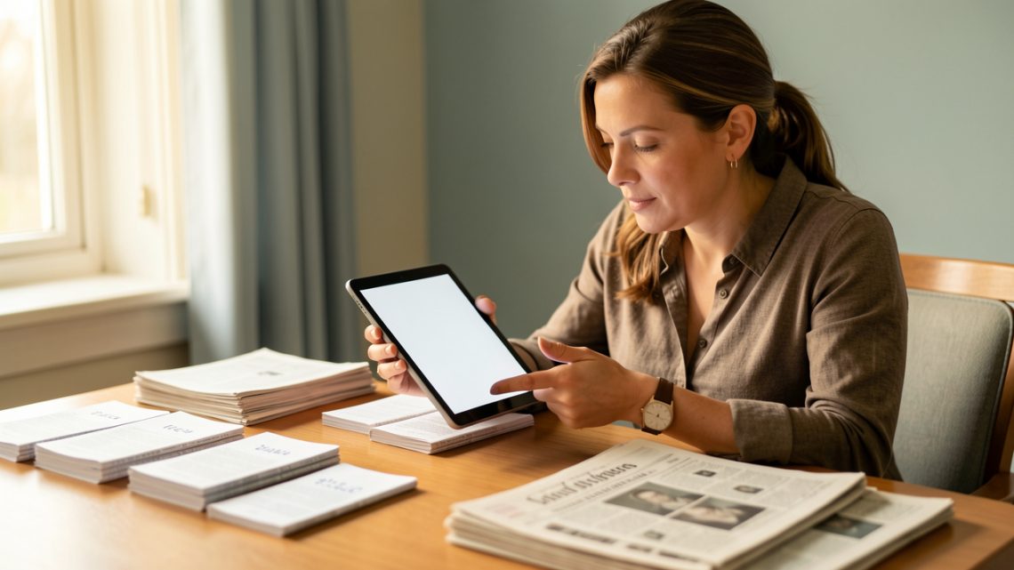 Une femme consulte une tablette aux côtés de bulletins de vote et de journaux sans inscriptions lisibles, dans une scène éditoriale réaliste et éclairée par la lumière naturelle.