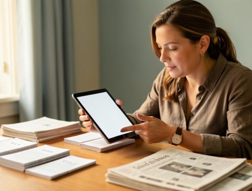 Une femme consulte une tablette aux côtés de bulletins de vote et de journaux sans inscriptions lisibles, dans une scène éditoriale réaliste et éclairée par la lumière naturelle.